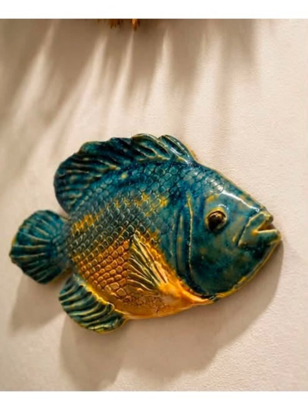 James Lawson Art Pottery Blue Girl Wall Sculpture Fish Art Signed 1995 Blue & Ye